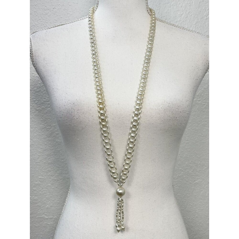 VTG 36" White Costume Fashion Jewelry Long Tassel Pearl Pendant NECKLACE EUC